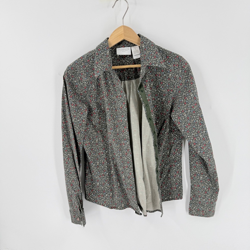 Vintage Granola Liz Claiborne Button Up Shirt Green M Petite Floral Cottagecore